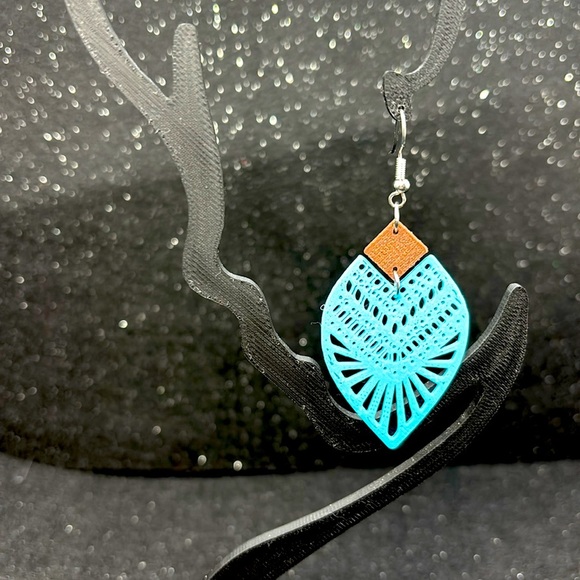 Turquoise and Brown Geometric Earrings - Picture 4 of 4